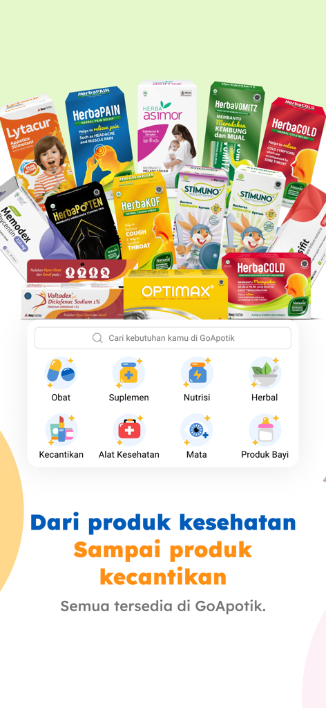 GoApotik: #ApotikTapiOnline - Indonesian health and beauty products categories in the GoApotik mobile app interface