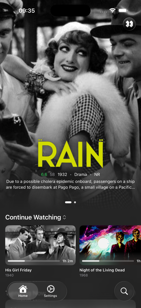 Pantalla de inicio de la aplicación Fusion Media Center en iPhone mostrando una biblioteca de películas con banner destacado y lista de continuar viendo.