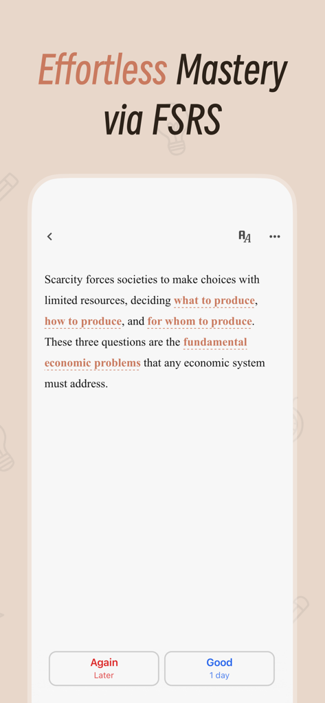 La pantalla de la aplicación móvil Noolingo muestra una tarjeta didáctica de economía con opciones de estudio FSRS como Nuevamente y Bien