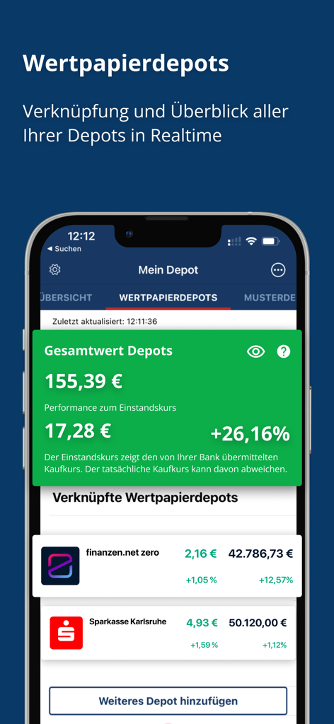 finanzen.net – Markets & News - App mobile finanzen.net che mostra una panoramica in tempo reale dei conti titoli collegati e del valore totale del portafoglio