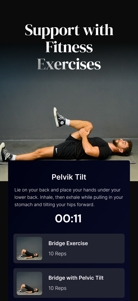 A man demonstrating a pelvic tilt exercise on the Alpha Kegel For Men app interface with a countdown timer and recommended bridge routines.
