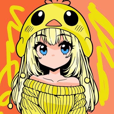 anime girl with chick shaped hat with sweater with bare shoulders with bangs covering them one eye with low tail