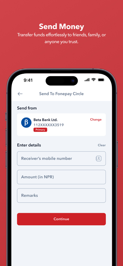 Fonepay App - Smartphone display showing the Fonepay app Send To Fonepay Circle screen for transferring funds.