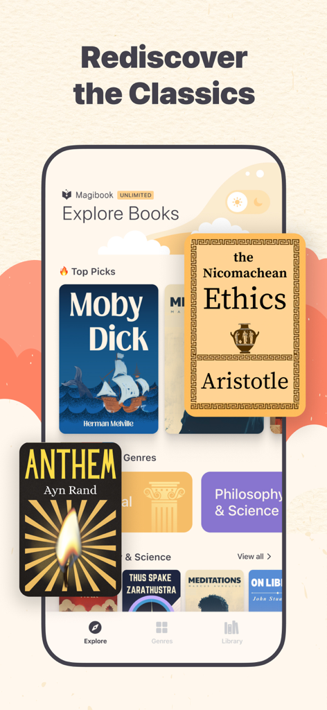 Magibook: Reading & Audiobooks - Magibook app screen showing a collection of classic books including Moby Dick and Aristotle
