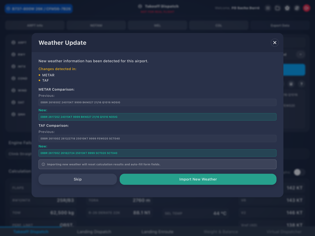 A weather update modal within the Virtual Performance Tool displaying METAR and TAF comparison data for flight simulation planning