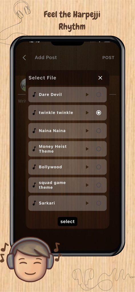 Harpejii Instrument - Una pantalla móvil que muestra una lista de grabaciones musicales para seleccionar y compartir en la aplicación Harpejji Instrument