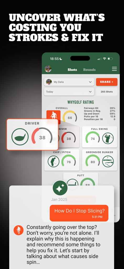 WhyGolf App-Oberfläche mit Leistungsbewertungen und KI-Coach-Feedback zur Behebung eines Golf-Slices