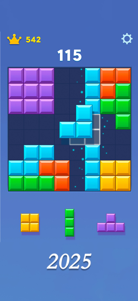 퍼즐 게임 인터페이스의 그리드에 다채로운 블록이 배치되고 있음