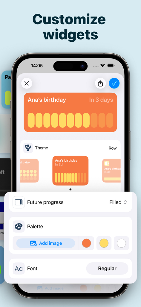 Countdown - Pretty Progress - Smartphone screen showing customization options for a birthday countdown widget including themes, palettes, and fonts.