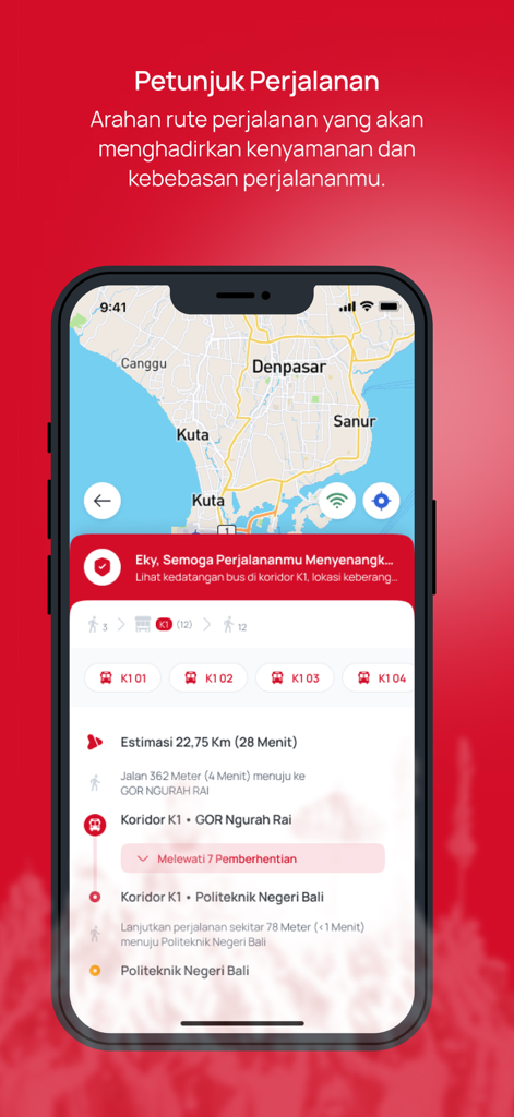 Tela do aplicativo Trans Metro Dewata mostrando um mapa de rota de ônibus e direções de viagem em Bali.