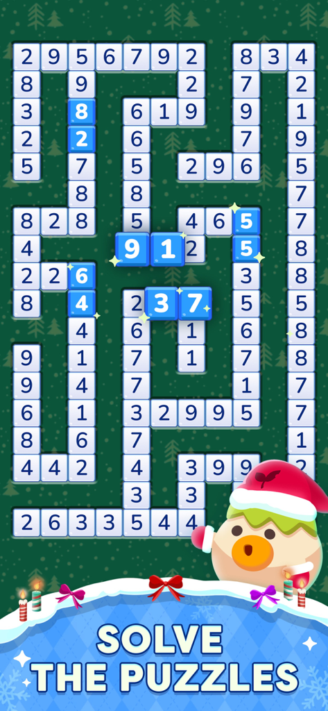 Gameplay of NumMatch logic puzzle with a festive winter theme and number matching.