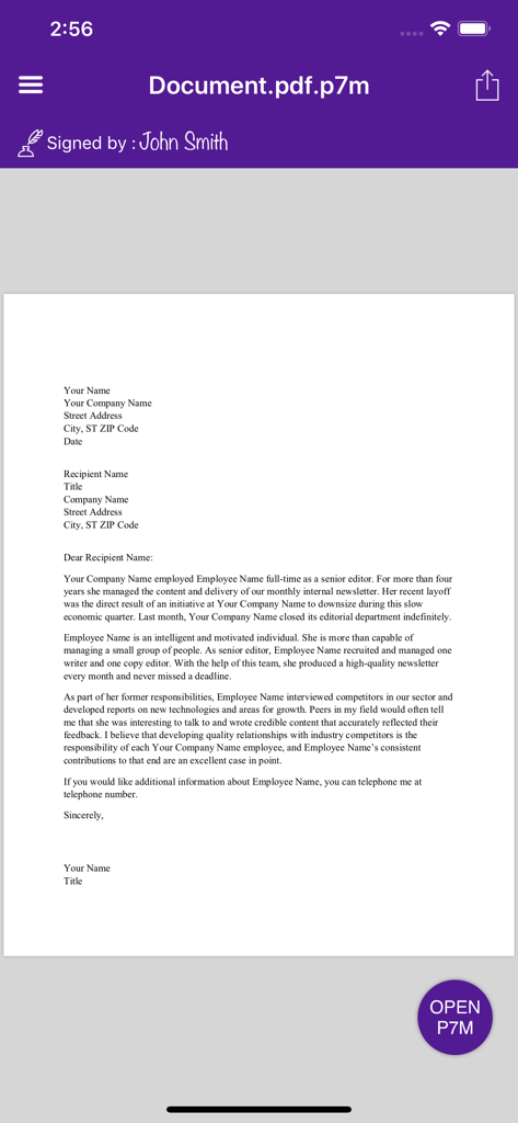 P7M Viewer app displaying a digitally signed PDF document and its signer information