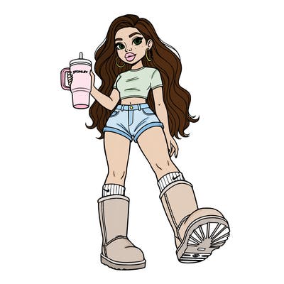 short girl with long wavy hair short shorts crop top wearing uggs and nike socks holding a stanley cup has earing and big lips she's short and really cute