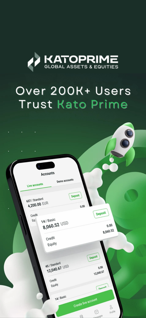 Kato Prime LTD - Pantalla móvil de la aplicación de trading Kato Prime que muestra los saldos de las cuentas y las opciones para gestionar cuentas de trading reales y de demostración.