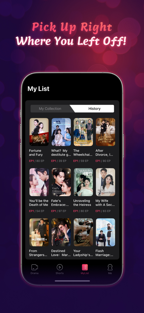 Smartphone screen displaying the MeloShort app My List history with various short drama series posters