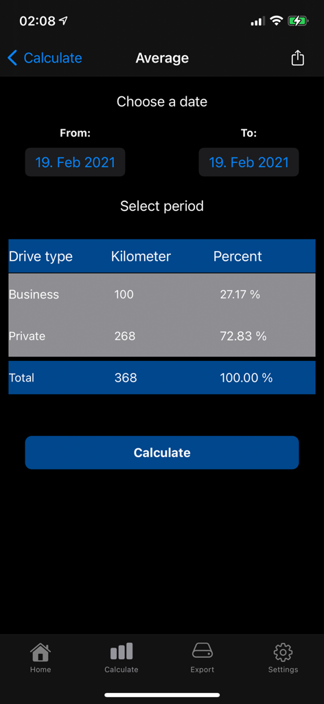 Car Log book App - Mileage calculation screen displaying business and private travel statistics