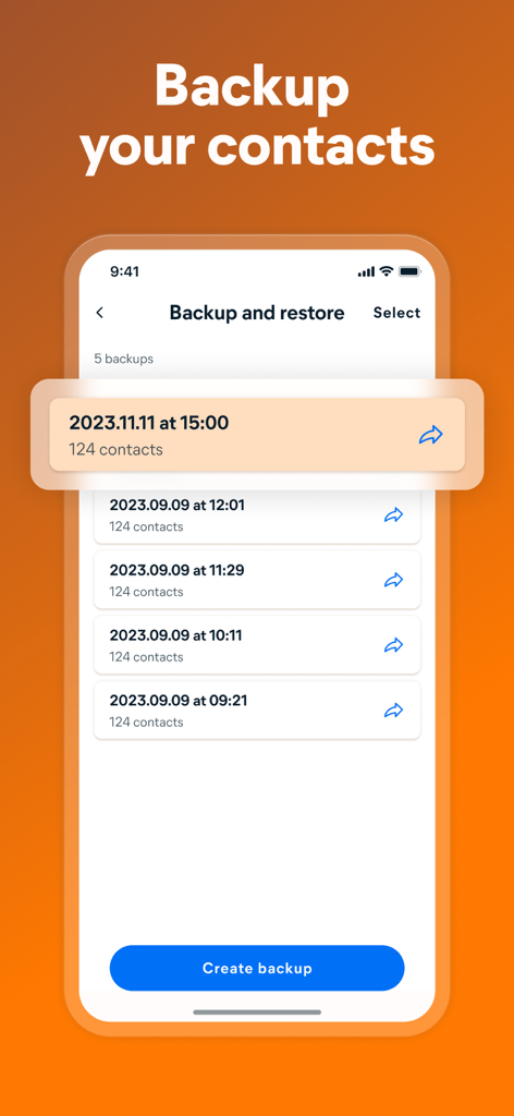 Screenshot of the Avast Cleanup app interface for backing up and restoring phone contacts