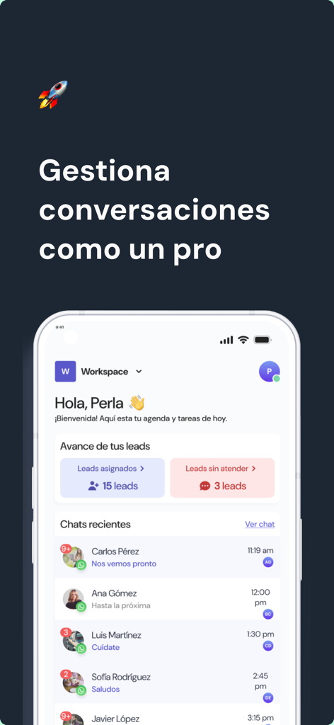 Leadsales - Leadsales mobile app dashboard showing lead progress and recent customer chat conversations