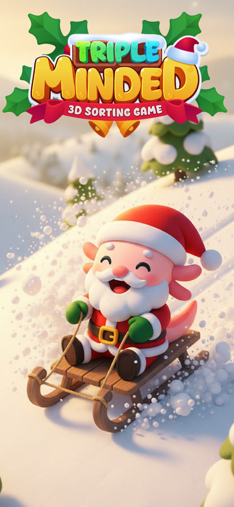 Triple Minded: 3D Sorting Game - An adorable axolotl character dressed as Santa Claus sledding down a snowy hill on a wooden sled in the Triple Minded 3D Sorting Game winter theme.