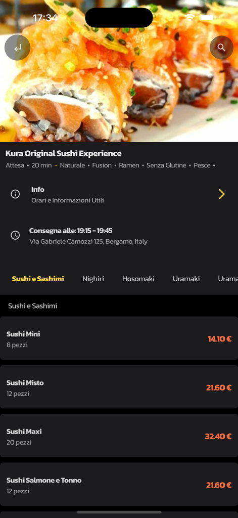 Flash-Deliveryアプリのスクリーンショット。Kura Original Sushi Experienceの寿司メニューと価格が表示されています