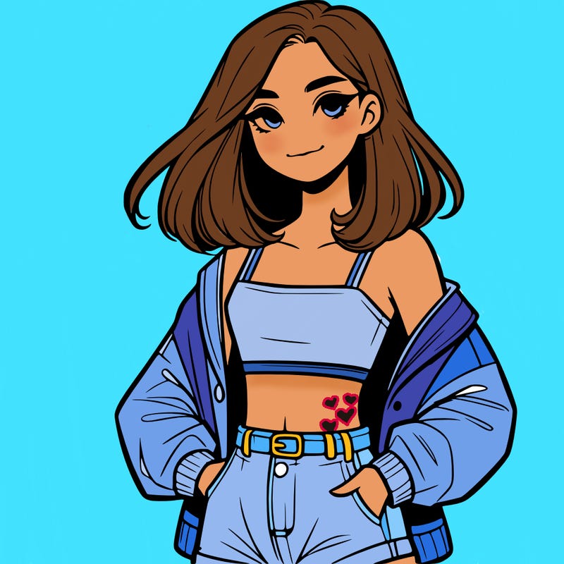 a realistic girl with a crop top and short shorts in an open jacket