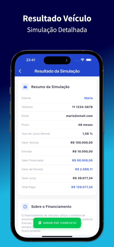 Una schermata dettagliata del risultato della simulazione di prestito veicolo che mostra i pagamenti mensili, i tassi di interesse e un pulsante per generare un report PDF.