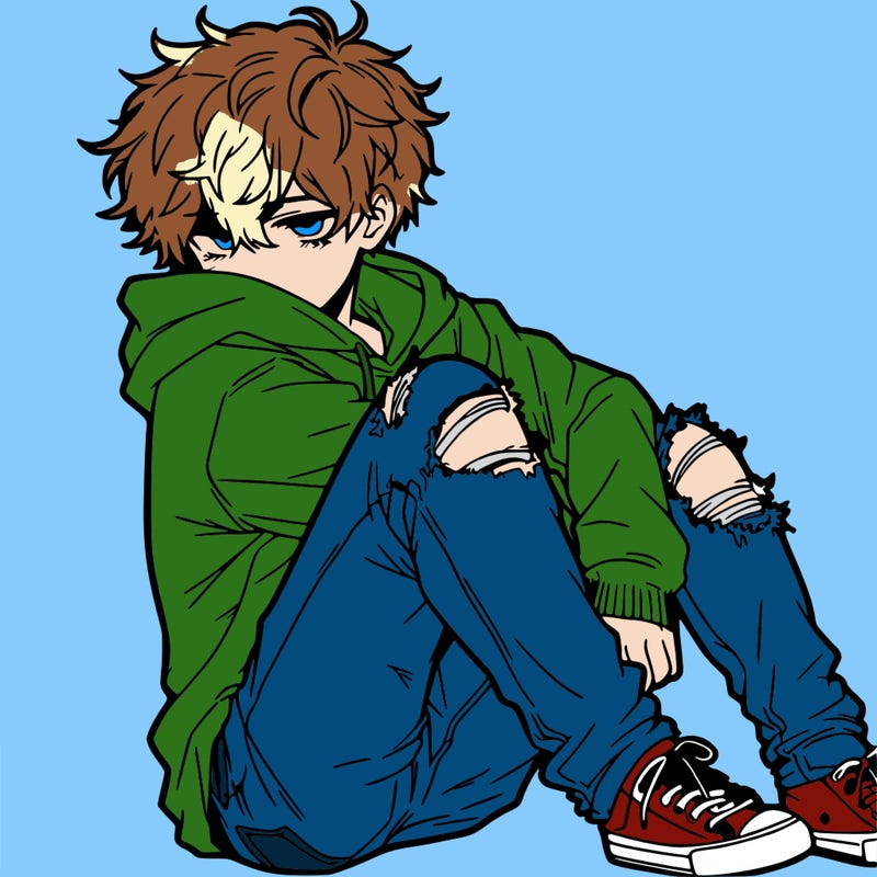 a male hoddie ripped jeans messy hair anime