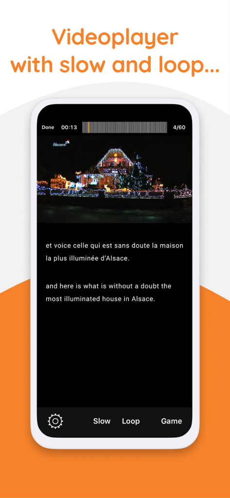Yabla French - Smartphone screen showing the Yabla French video player with slow playback loop features and bilingual subtitles