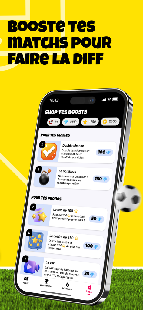 Pantalla de la aplicación Goal in que muestra la tienda del juego con varios potenciadores y artículos para predicciones deportivas