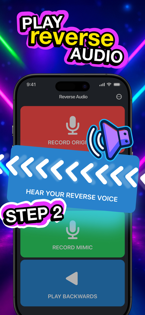 Interfaz de la aplicación Reverse Audio que muestra el segundo paso para escuchar tu voz inversa durante un desafío viral.