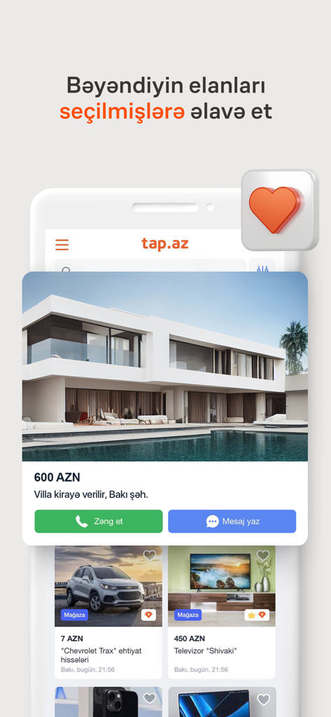 Tap.az mobile app interface showing a villa rental listing and a favorites heart icon