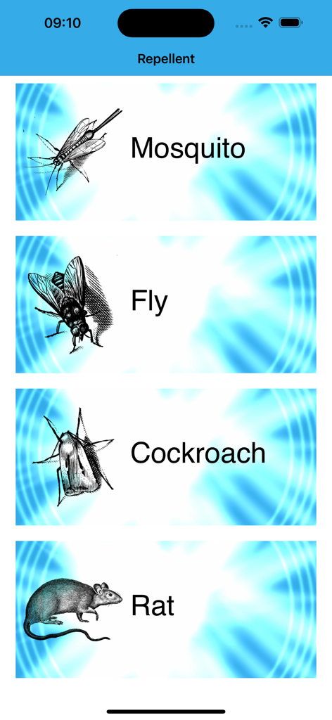 Mosquito & Bug Repellent Sound - Interface of the Mosquito and Bug Repellent app showing categories for mosquitoes flies cockroaches and rats