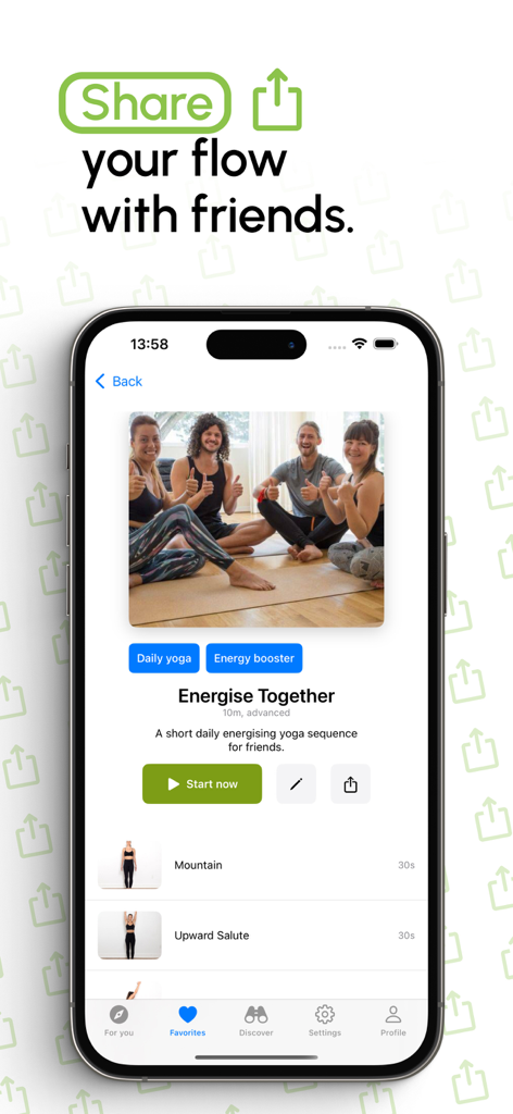 MirrorFit－Somatic Yoga Workout - Ein mobiler Bildschirm, der die MirrorFit App-Funktion zum Teilen einer Yoga-Sequenz mit dem Titel 'Energize Together' mit Freunden zeigt