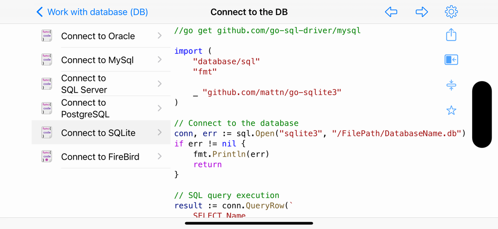 SQLite 데이터베이스 연결을 위한 Golang 코드 스니펫