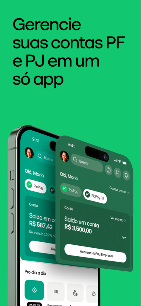 Tela de smartphone mostrando a interface do aplicativo PicPay com opções para gerenciar contas pessoais e empresariais em um só lugar.