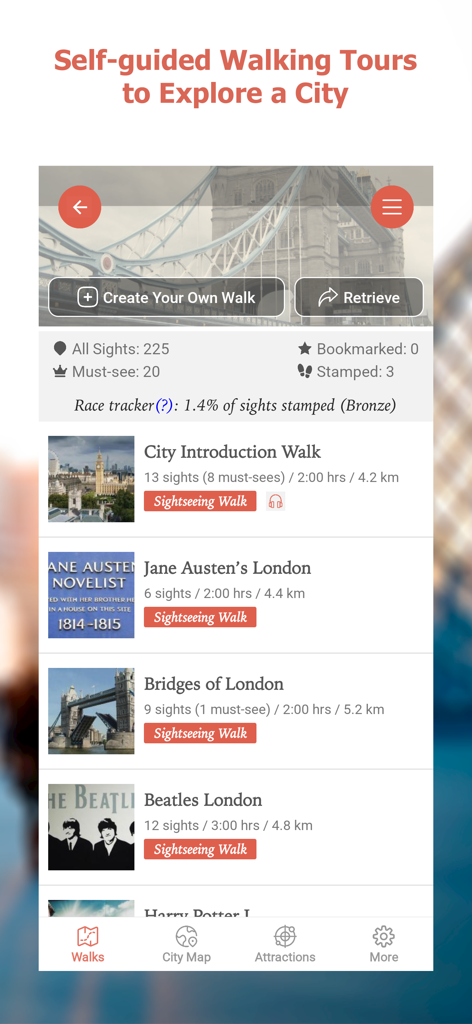 GPSmyCity: Walks in 1K+ Cities - GPSmyCity app showing a list of self guided themed walking tours in London like Beatles and Jane Austen walks