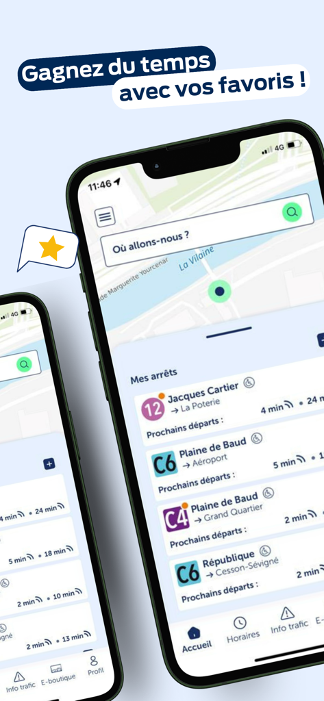 Mobile app interface showing real time bus and metro departure times for favorite stops in Rennes