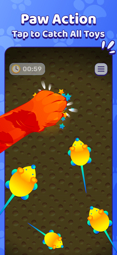 Une patte de chat tapotant des souris numériques colorées sur un écran de jeu mobile pour animaux de compagnie