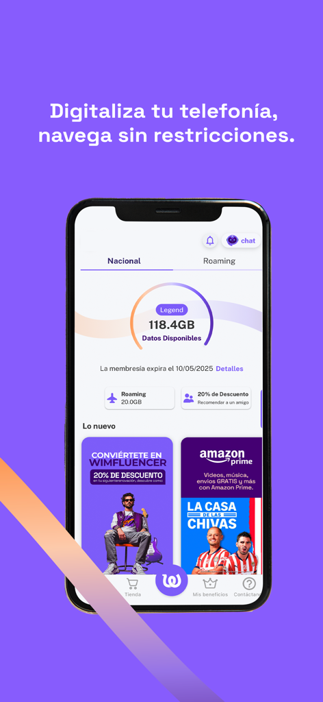 Main dashboard of the somos wim app showing data usage and membership benefits