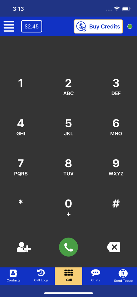 EasyCalls app interface showing the numeric dialer for making international phone calls