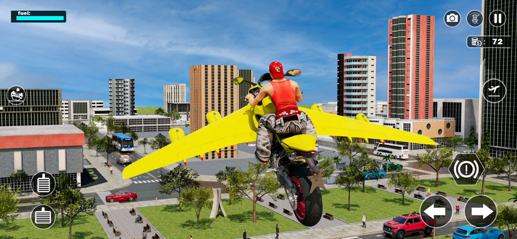 Flying Motorbike: Bike Games - A yellow flying motorbike with large wings soaring above a city in a simulation game