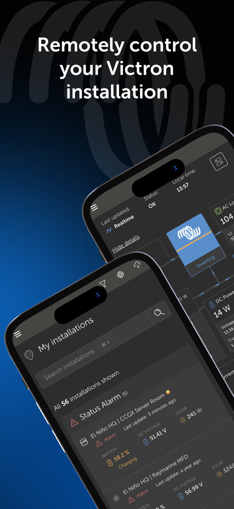 VRM: Victron Remote Management - Panel de control de la aplicación VRM en dos smartphones mostrando control remoto y monitorización de instalaciones solares y de baterías