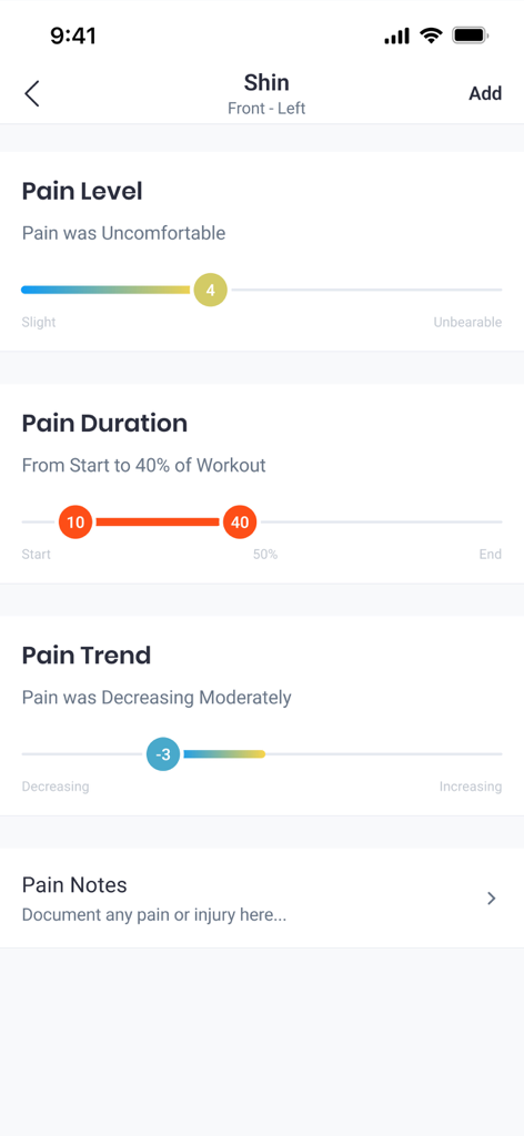 Final Surge - Interface of the Final Surge app showing a pain and injury report for tracking athlete shin pain levels and duration