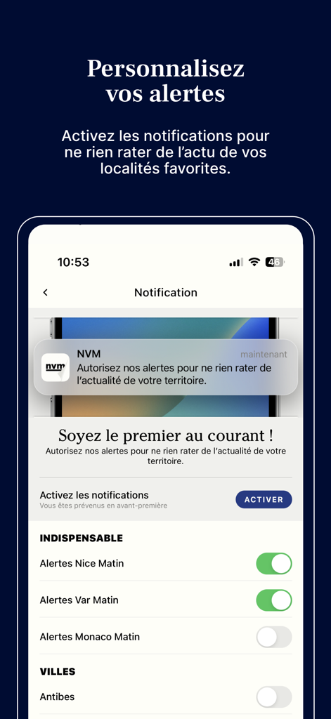 NVM : Info Nice, Var, Monaco - NVM news app interface showing personalized notification settings for local news alerts in Nice, Var and Monaco