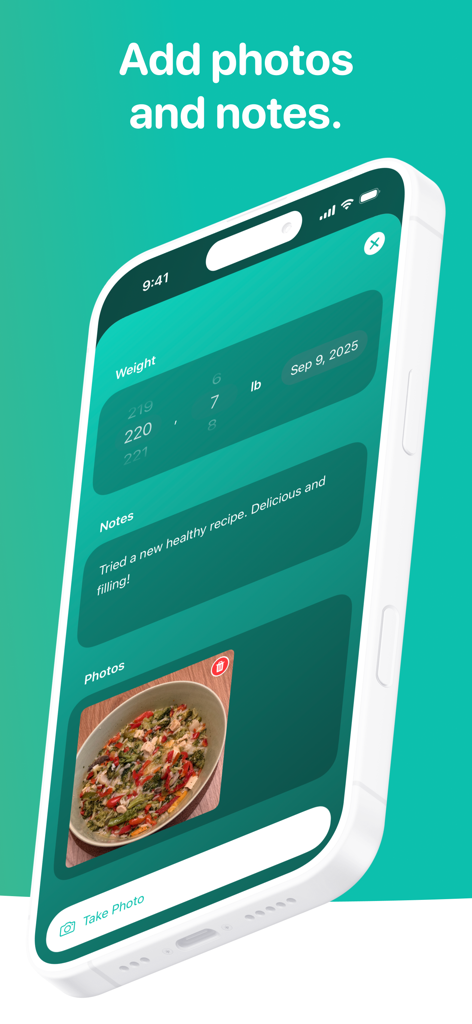 User interface of Scelta weight loss tracker showing a weight entry with a healthy meal photo and personal notes