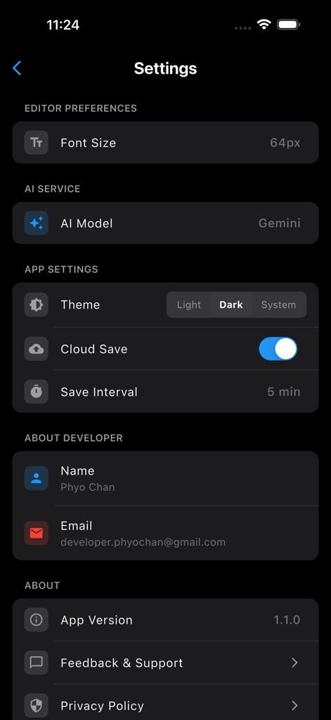 Trans With Me - Settings menu of the Trans With Me subtitle editor app showing AI model and theme options