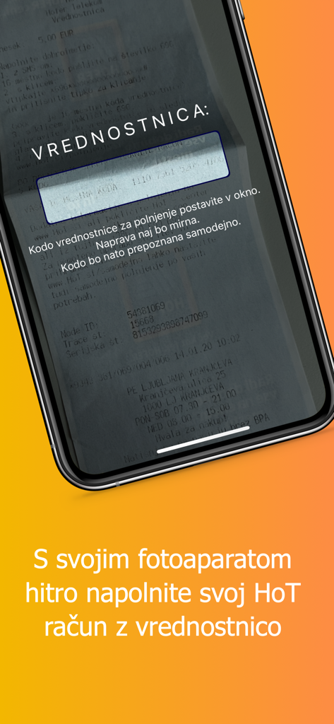 Moj HoT - Scanning a paper voucher with the camera in the Moj HoT app to top up the account.