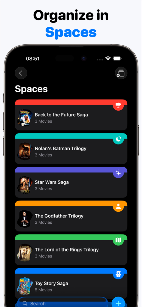 Movie Tracker: Watchlist - Pantalla del iPhone de la aplicación Movie Tracker que muestra colecciones de películas y trilogías organizadas en Espacios personalizados codificados por colores.