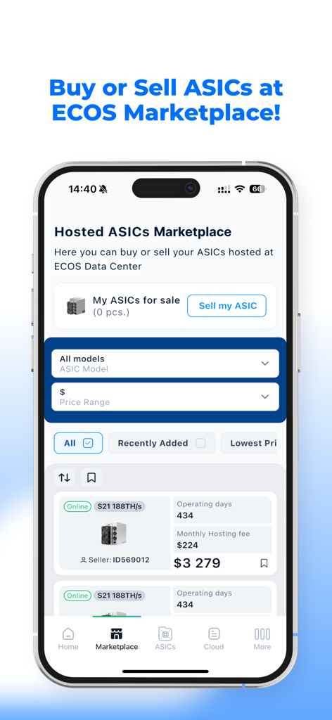 ECOS app marketplace screen showing hosted ASIC miners for sale
