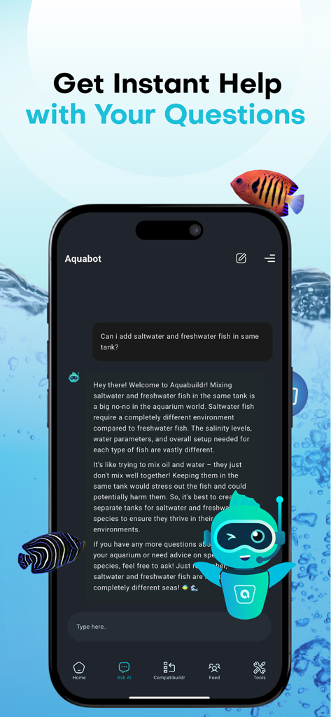 Aquabuildr - Aquabuildr app screen showing the Aquabot AI chat providing instant help with aquarium questions